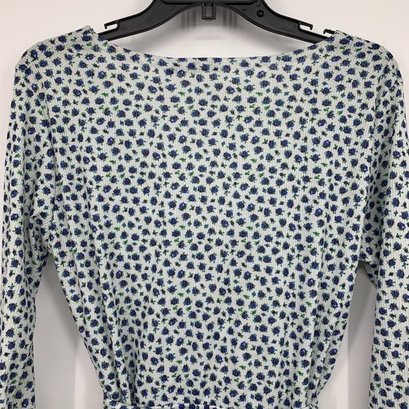 Boohoo Dress White Ditsy Floral Long Sleeve V Neck Belted Ribbed - Picture 10 of 11